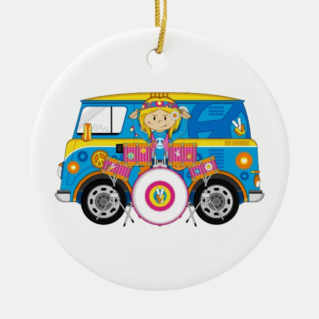 Hippie Girl with Drums and Camper Van Ceramic Ornament (Front)