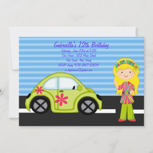 Hippie Girl with Green Buggy Birthday Invitation
