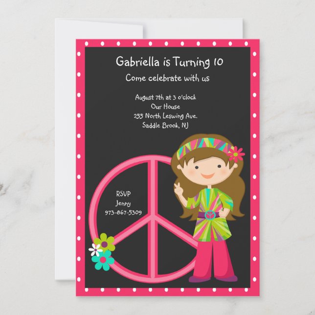 Hippie Girl with Peace Sign Girls Invite (Front)