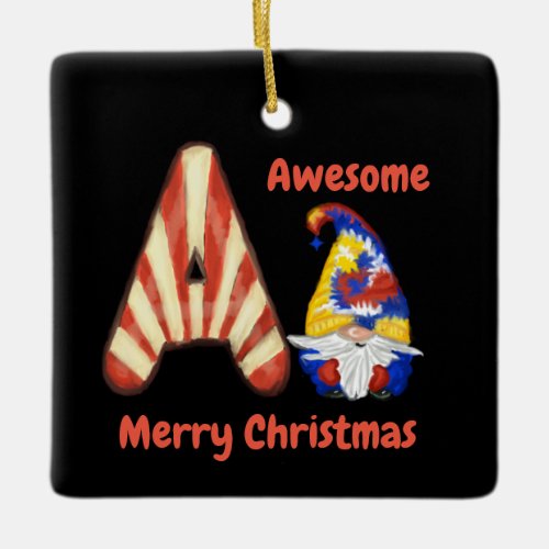 Hippie Gnome wishing Merry Christmas with Candy Ceramic Ornament