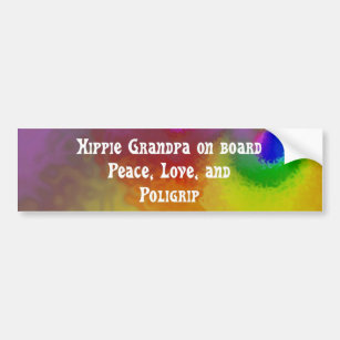hippie grandma on board, peace, love, and poligrip bumper sticker