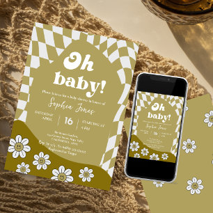 Hippie Green Checkered gingham baby shower Invitation