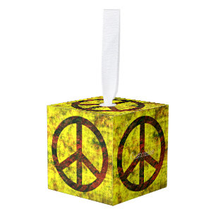 hippie groovy 70's peace symbol pattern yellow cube ornament