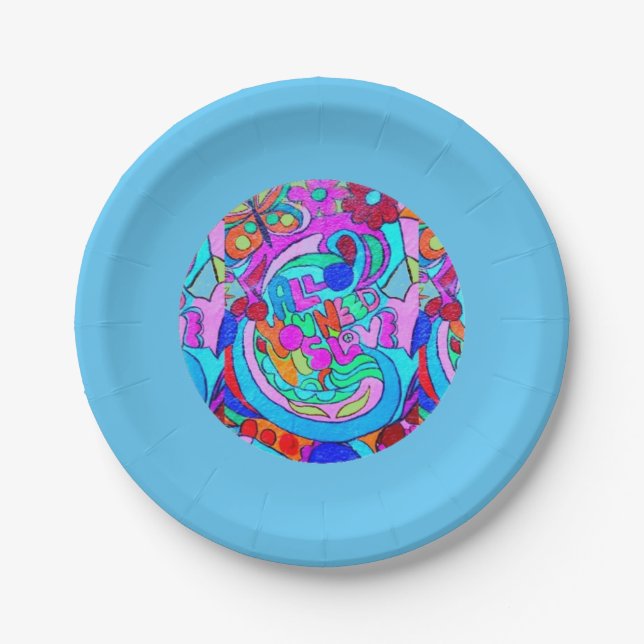 hippie groovy love circle blue paper plates (Front)