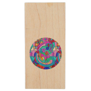 hippie groovy love circle wood USB flash drive