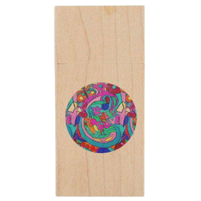 hippie groovy love circle wood USB flash drive (Front Vertical)