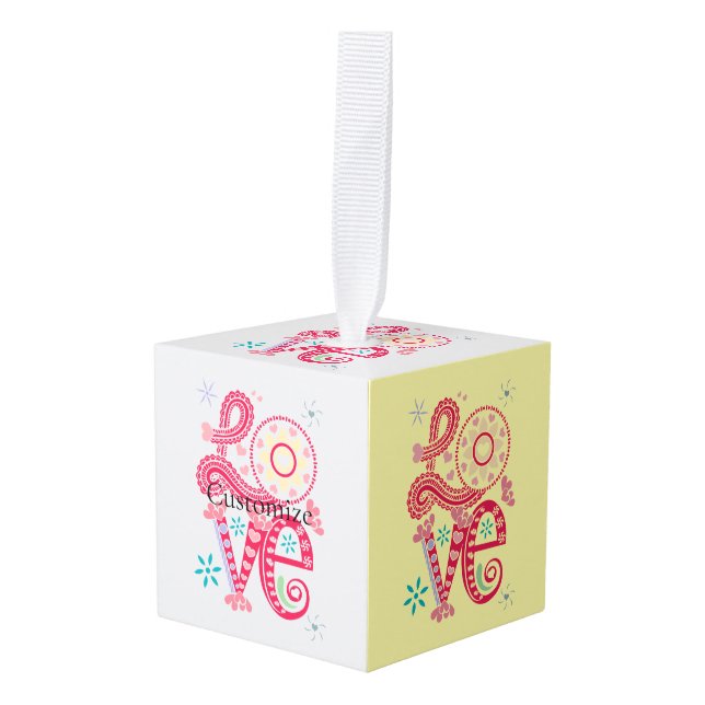 Hippie Groovy Love Sign Thunder_Cove Cube Ornament (Front Angled)