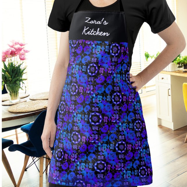 Hippie Groovy Pattern Blue Purple Personalized Apron (An apron in boho hippie style with pattern in blue, purple, black and white with fade effects)