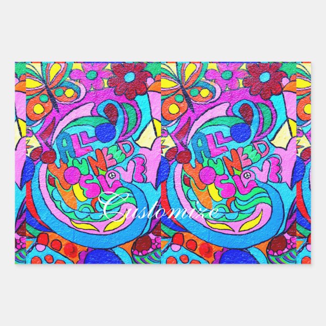 Hippie groovy peace and love wrapping paper sheets (Front 2)