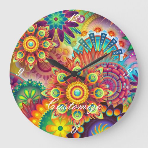 Hippie Groovy Techno Psychedelic Thunder_Cove Large Clock