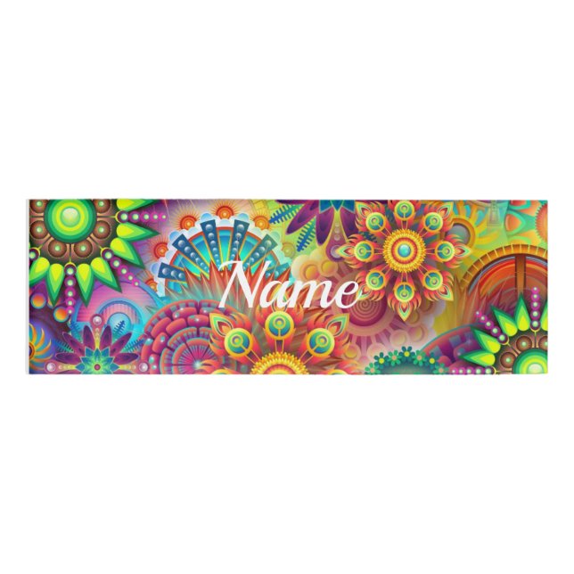 Hippie Groovy Techno Psychedelic Thunder_Cove Name Tag (Front)
