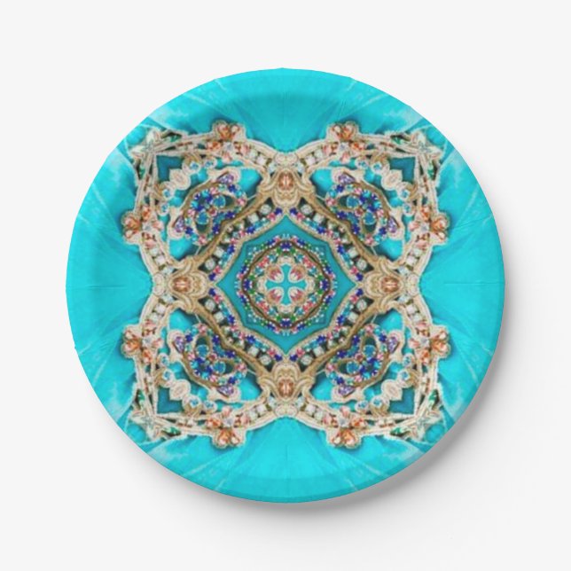 Hippie Gypsy Ethnic turquoise aqua blue bohemian Paper Plates (Front)