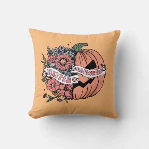 Hippie Halloween Blooming Flowers Pumpkin Throw Pillow