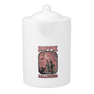 Hippie Halloween Cat Haunted House Vintage Design_ Teapot