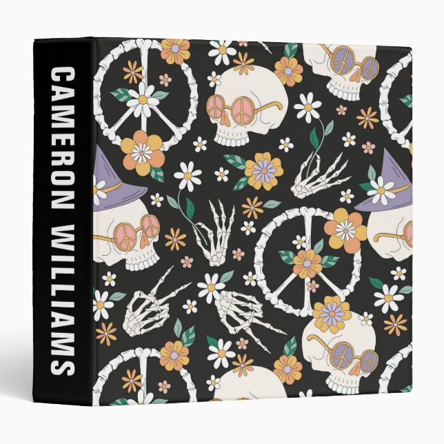 Hippie Halloween Skulls and Flowers Pattern 3 Ring Binder (Front/Spine)