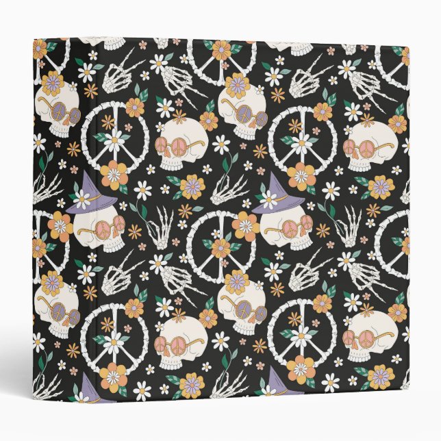Hippie Halloween Skulls and Flowers Pattern 3 Ring Binder (Front/Spine)