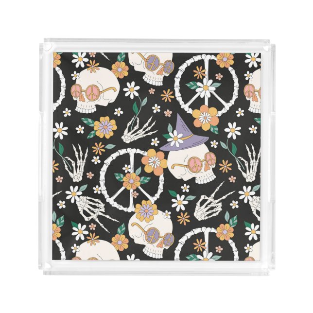 Hippie Halloween Skulls and Flowers Pattern Acrylic Tray (Front)