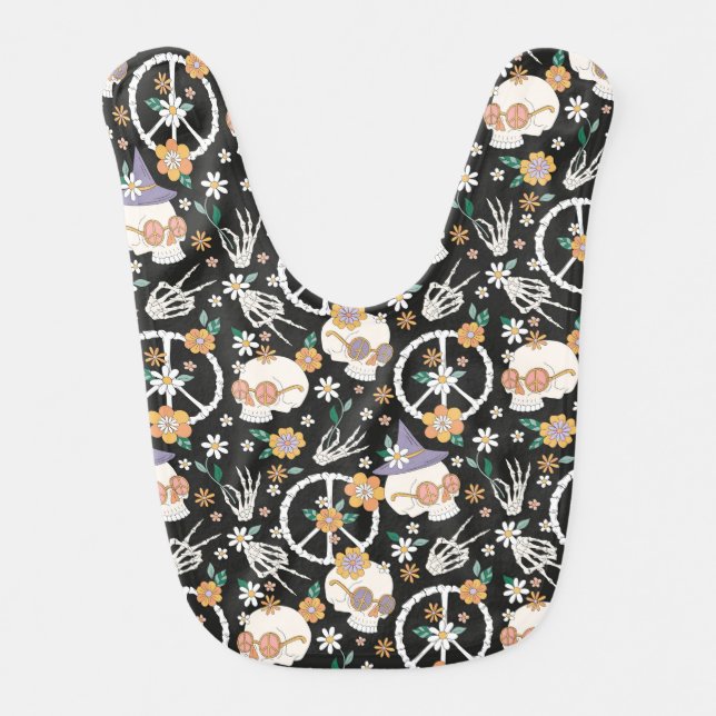 Hippie Halloween Skulls and Flowers Pattern Baby Bib (Front)