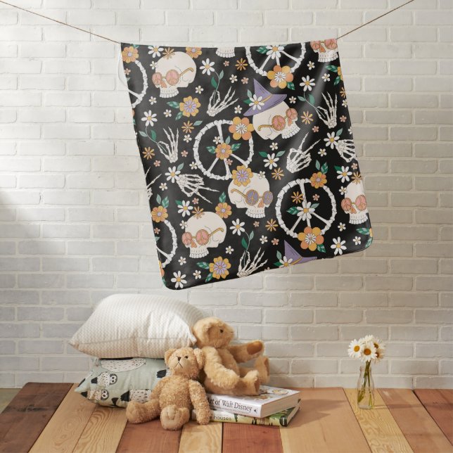 Hippie Halloween Skulls and Flowers Pattern Baby Blanket (In Situ)