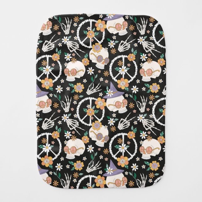 Hippie Halloween Skulls and Flowers Pattern Baby Burp Cloth (Front)
