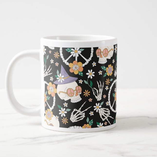 Hippie Halloween Skulls and Flowers Pattern Giant Coffee Mug (Left)