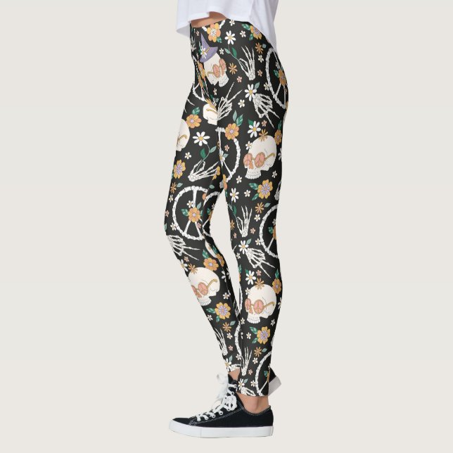 Hippie Halloween Skulls and Flowers Pattern Leggings (Left)