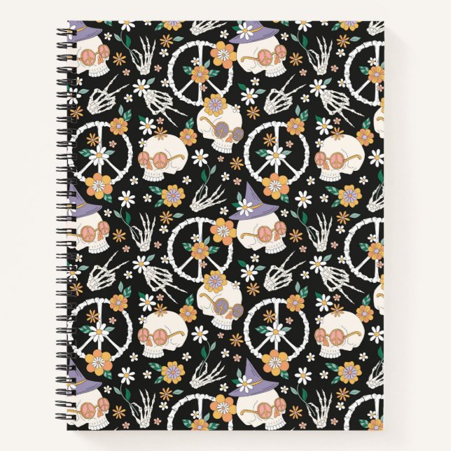Hippie Halloween Skulls and Flowers Pattern Notebook (Front)