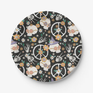 Hippie Halloween Skulls and Flowers Pattern Paper Plates
