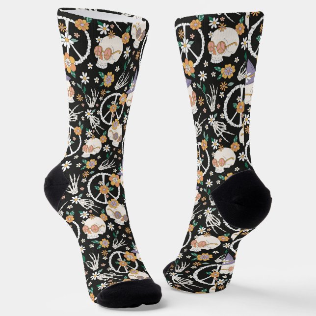 Hippie Halloween Skulls and Flowers Pattern Socks (Angled)