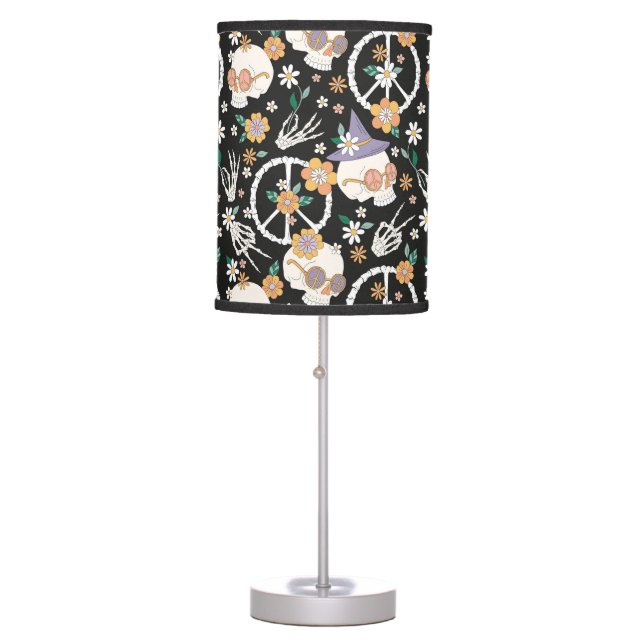 Hippie Halloween Skulls and Flowers Pattern Table Lamp (Front)