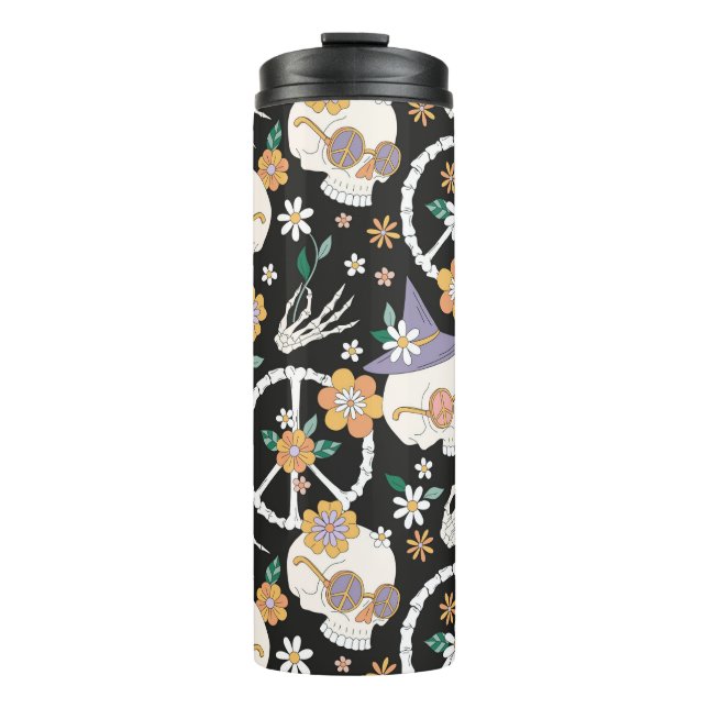 Hippie Halloween Skulls and Flowers Pattern Thermal Tumbler (Front)
