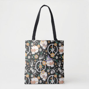 Hippie Halloween Skulls and Flowers Pattern Tote Bag