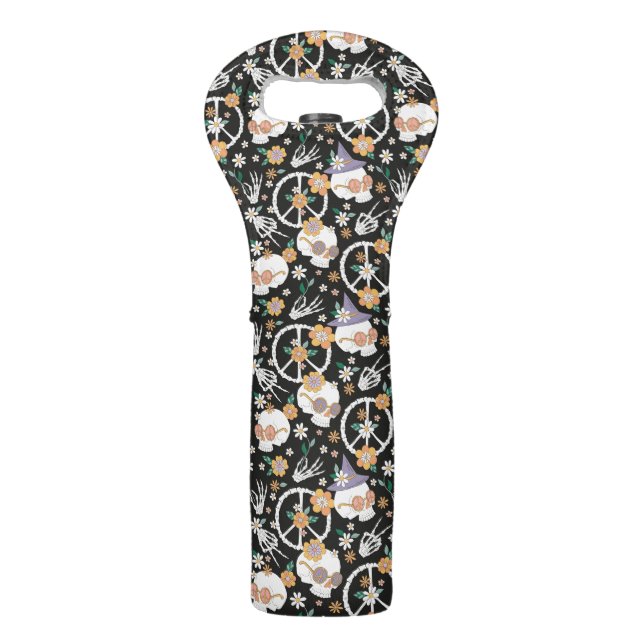 Hippie Halloween Skulls and Flowers Pattern Wine Bag (Front)