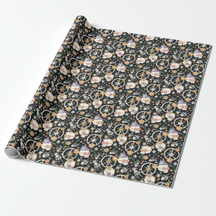 Hippie Halloween Skulls and Flowers Pattern Wrapping Paper