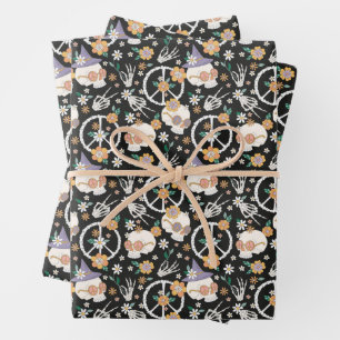 Hippie Halloween Skulls and Flowers Pattern Wrapping Paper Sheets
