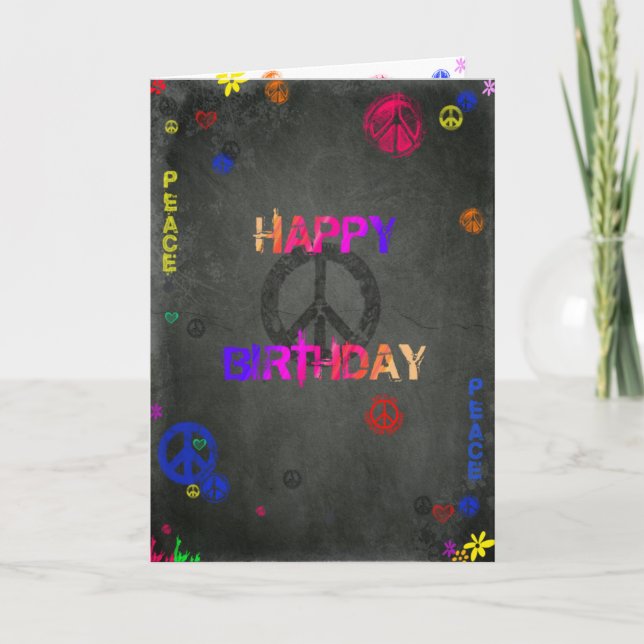 Hippie Happy Birthday Card in Black (Front)