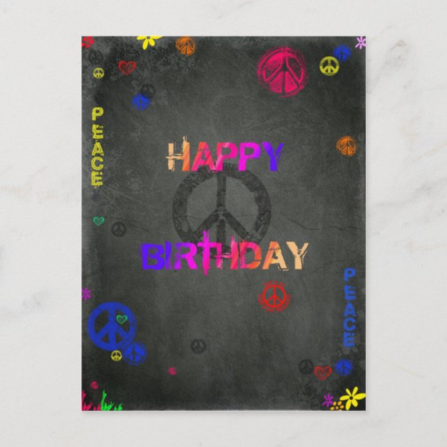 Hippie Happy Birthday in Black Postcard (Front)