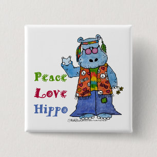 Hippie Hippo-Peace, Love, Hippo Button