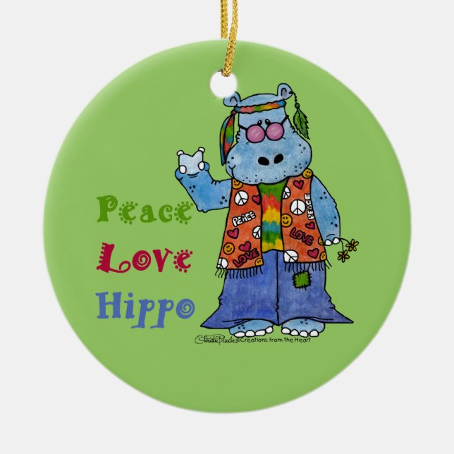 Hippie Hippo-Peace, Love, Hippo Ceramic Ornament (Front)