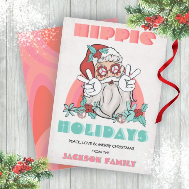 Hippie Holidays Christmas Retro Santa Holiday Card (Creator Uploaded)
