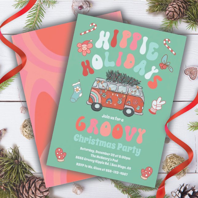 Hippie Holidays Christmas Retro Van Party Invitation (Creator Uploaded)