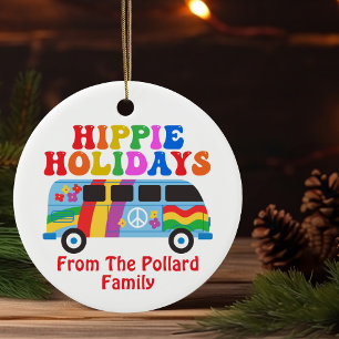 Hippie Holidays Cute Retro 70s Custom Christmas Ceramic Ornament