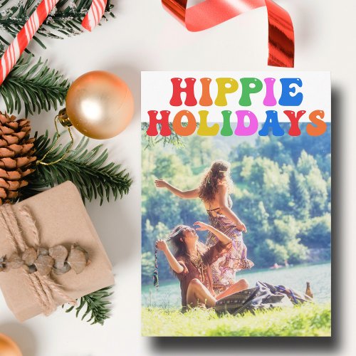 Hippie Holidays Cute Retro 70s Family Photo Card
