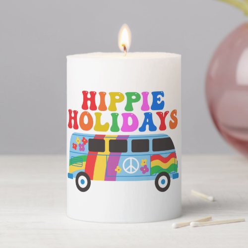 Hippie Holidays Cute Retro 70s Rainbow Christmas Pillar Candle