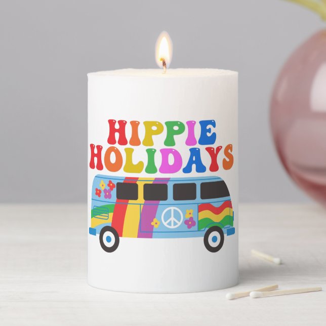 Hippie Holidays Cute Retro 70s Rainbow Christmas Pillar Candle (In Situ)