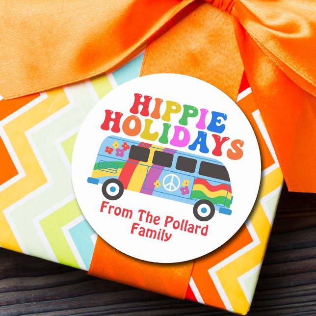 Hippie Holidays Cute Retro 70s Van Custom Gift Classic Round Sticker (Creator Uploaded)