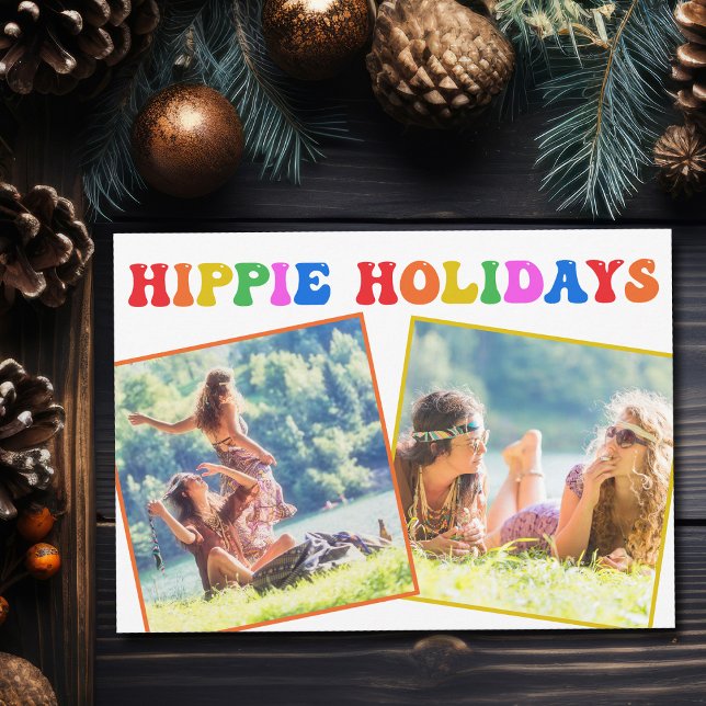 Hippie Holidays Photo Colorful Rainbow Retro 70s Holiday Card (Creator Uploaded)