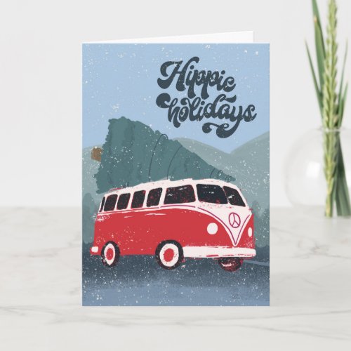 Hippie Holidays Retro Bus  Tree Greeting Card