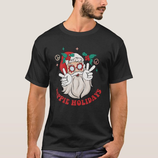 Hippie Holidays Santa Claus Peace Sign Retro Xmas  T-Shirt (Front)