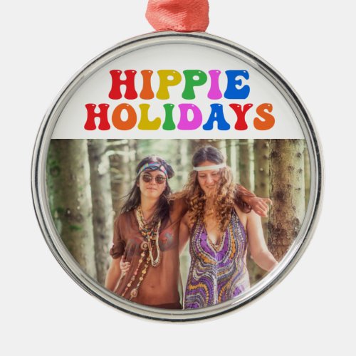 Hippie Holidays Vintage 70s Family Photo Christmas Metal Ornament